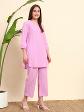 Thread Plus Lavender Color Cotton Flax Fabric Regular Fit V-Neck Co-Ord Set for Women